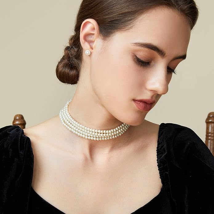 BABEYOND Round Imitation Pearl Choker Necklace Multi Strands Choker 20s Flapper Necklace Accessories for Gatsby Themed Party