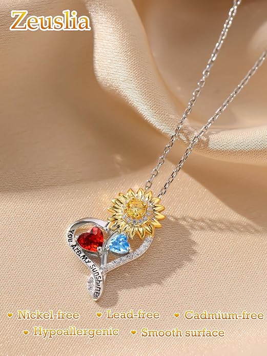 Zeuslia Double Birthstone Necklace Gifts for Wife - 925 Sterling Silver Sunflower/Rose/Crown Cross/Compass/Heart Pendant I Love You Necklace, Anniversary Birthday Gifts for Wife Girlfriend Mom Her
