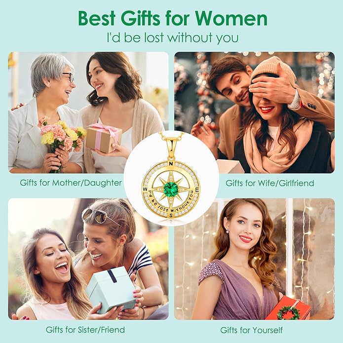 Zifeel Compass Necklace Gifts for Women wife - S925 Sterling Silver Birthstone Necklaces for Women - Anniversary Birthday Gifts for Her Wife Girlfriend - Valentines Mom Mothers Day Christmas Gifts Jewelry for Women
