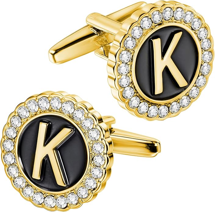 HAWSON A-Z Initial Cufflinks for Men and Women with Clear Crystal, Gold Silver Color Rasied Letter A-Z Cuff Links for French Shirt, Gift for Normal and Business Wearing