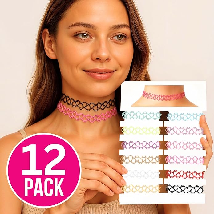BodyJ4You 12PC Tattoo Choker Necklace - 90s Accessories 2000s Jewelry Y2K Fashion Vintage Trendy - Rainbow Goth Black Pink Green Blue White - Adjustable Stretchy Elastic Necklace Summer Vacation Set
