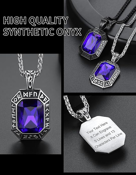 ChainsHouse Viking Rune Pendant Necklace for Men Women, Punk Biker Black Metal/316L Stainless Steel Onyx Norse Vintage Amulet Necklaces with Black/Red/Green/Blue Gemstone, Send Gift Box