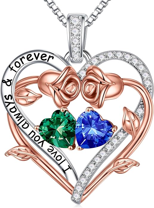 Iefil Rose Heart Double Birthstone Necklace Gifts for Wife Her Mom Women, Birthstone Jewelry Gemstone Birthday Gifts for Girlfriend Grandma Her Wife Women