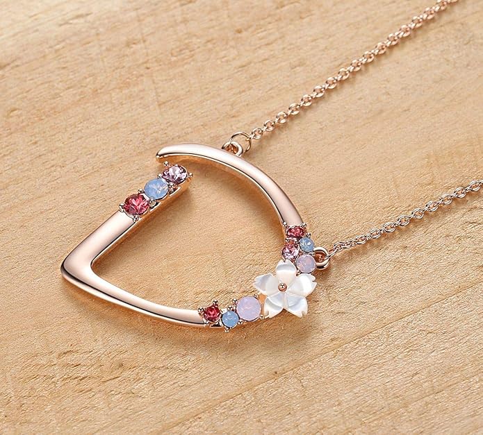 Flower Initial Letter Necklace Pink Red Blue Simulated Pearl Pendant Name Jewelry Made with Austrian Crystals Rose Gold Plated Anniversary Birthday Gifts for Women,18"+2"