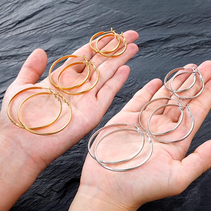 Gold Silver Plated Hoop Earrings for Women Hypoallergenic Stainless Steel Gold Hoops Earrings Lightweight Large Small Hoop Earrings Set