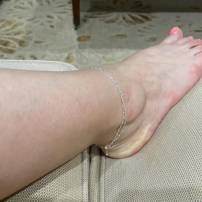 Pencros Dainty Layered Anklet,14K Gold Filled Cute Beads Satellite Chain Heart Boho Adjustable Anklets for Women