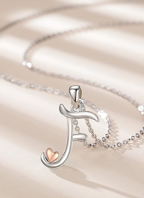 CELESTIA 925 Sterling Silver Initial Necklaces 26 Letter with Rose Gold Heart - 18 Inch Chain