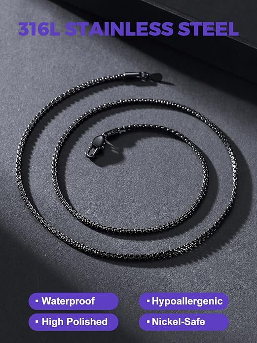 Richsteel Stainless Steel Mens Flat Link Chain Necklace, Black/Gold/Steel Chain for men, 2mm/4mm/6mm Width, No Tarnish & Hypoallergenic Hip Hop Jewelry, 18"-30" Length