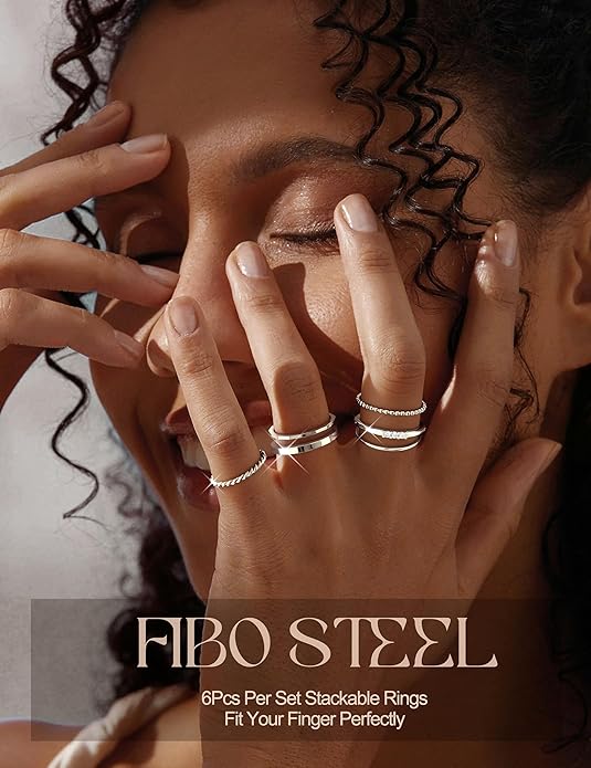 FIBO STEEL 14K Gold Plated Stackable Rings for Women Non Tarnish - Dainty Rings Cubic Zirconia Thin Ring Set Minimalist Thumb Stacking Ring Size 5-11