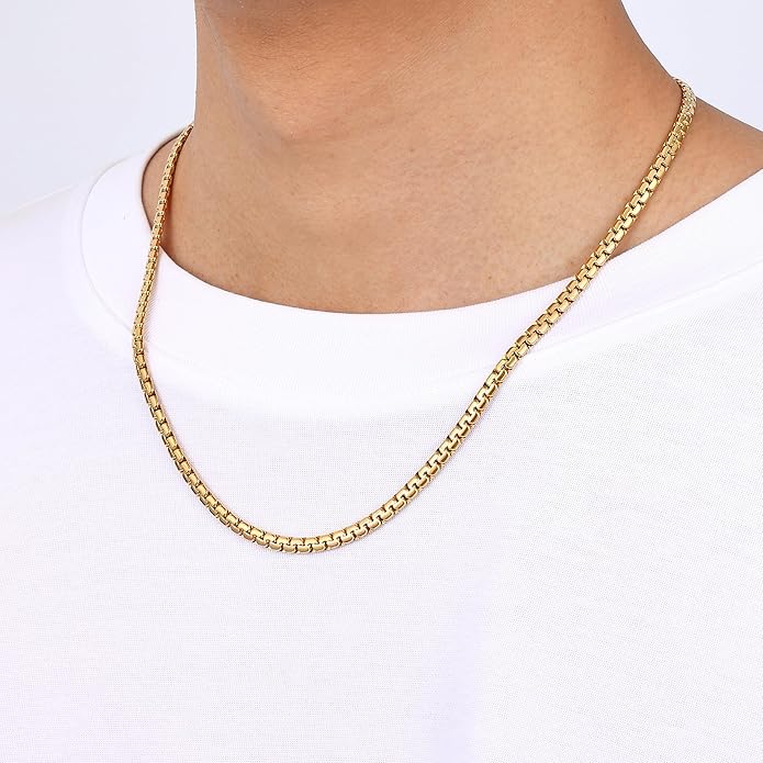 Fiusem Flat Box Chains for Men, 14k Gold Plated Stainless Steel Chain Necklace, 2.5/3/4/4.5/5mm Necklaces for Men and Women 16-28 Inch