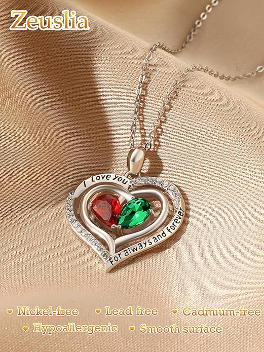 Zeuslia Double Birthstone Necklace Gifts for Wife - 925 Sterling Silver Sunflower/Rose/Crown Cross/Compass/Heart Pendant I Love You Necklace, Anniversary Birthday Gifts for Wife Girlfriend Mom Her