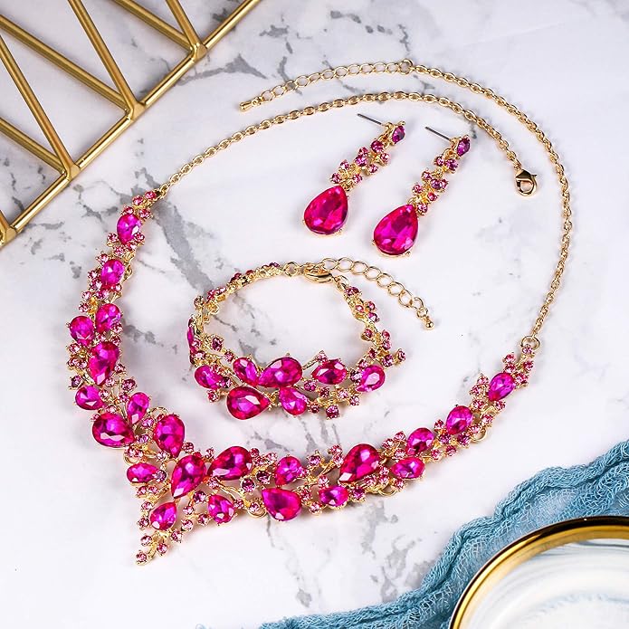 BriLove Wedding Bridal Jewelery for Women Austrian Crystal Teardrop Cluster Statement Necklace Dangle Earrings Link Bracelet Set