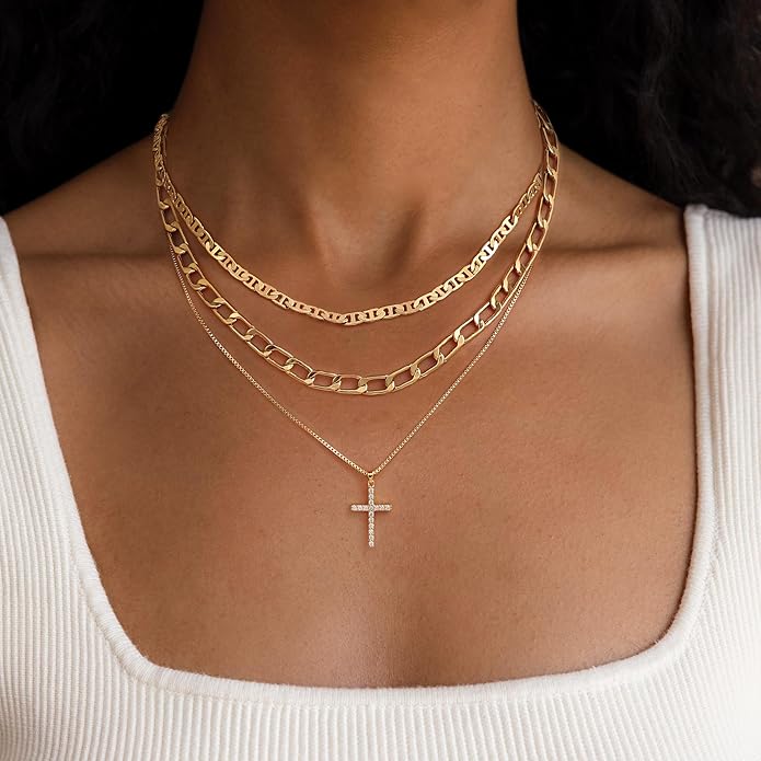 Layered Necklace for Women 14K Gold Plated Dainty Paperclip Herringbone Pearl Cross Pendant Necklace Stack，Layering Chain Cuban Figaro Rope Chain Choker Trendy Gold Jewelry Gift