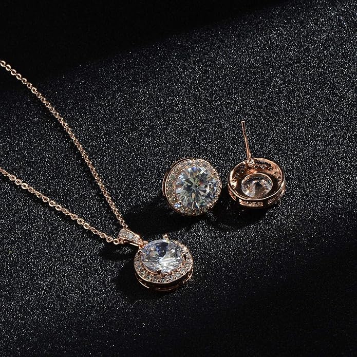 Bridal Crystal Jewelry Set - Sterling Silver Round Cubic Zirconia CZ Rhinestone Halo Birthstone Pendant Necklace Stud Earrings Set for Wedding Bride Bridesmaids Birthday Gift