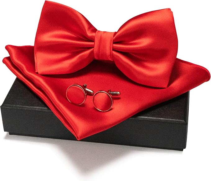 JEMYGINS Solid Color mens Pre-tied Bow Tie and Pocket Square Cufflinks Sets with Gift Box