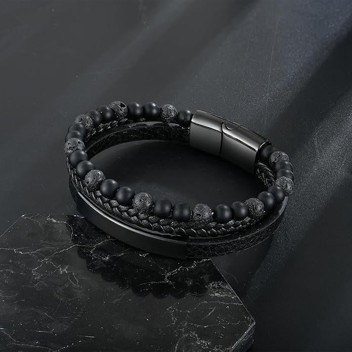 Mens Tiger Eye Matee Black Onyx Lava Rock Volcanic Stone Beaded Bracelet, Black Braided Leather Bracelet for Men