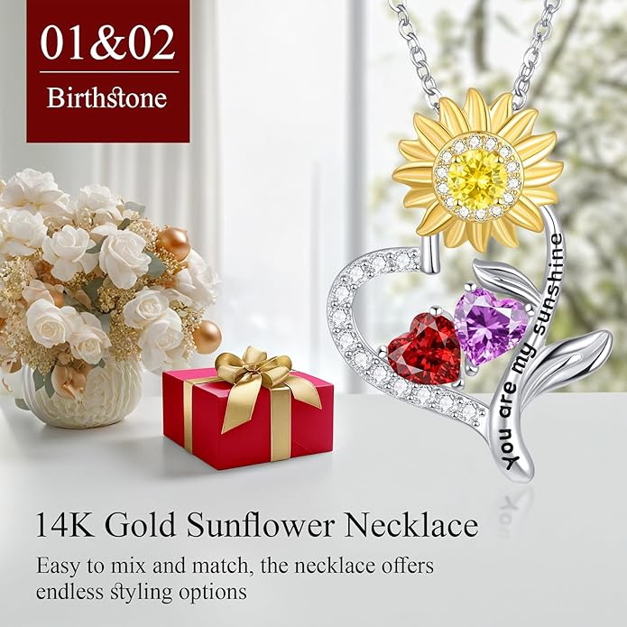 PERJI Valentine's Day Gifts for Women - 925 Sterling Silver Double Birthstone Sunflower Necklace, Anniversary Birthday Jewelry You are My Sunshine Gifts for Wife Couple Girlfriend 18"+2" Non Tarnish