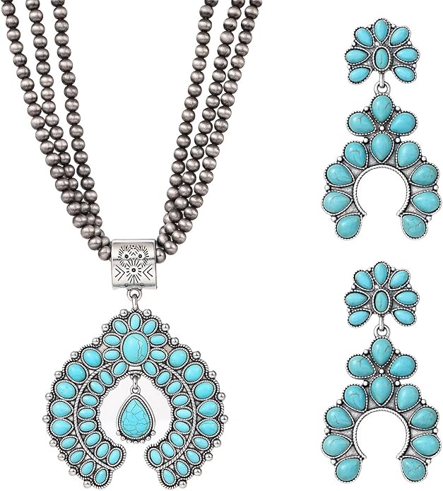 KLSURPRISE2 Western Jewelry Sets for Women – Turquoise Necklace and Earring Set Vintage Boho Cowgirl Accessories Country Jewelry Gift for Her