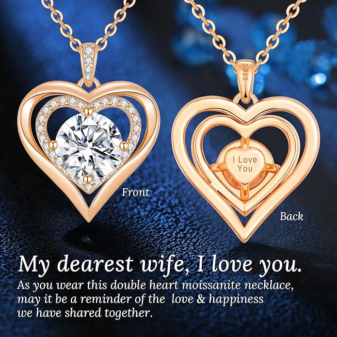 Moissanite Heart Pendant Necklaces for Women, 925 Sterling Silver Necklace Engraved with 'I LOVE YOU', Ideal Anniversary Birthday Christmas Valentine Mothers Day Jewelry Gifts for Mom Wife Girlfriend Daughter Her