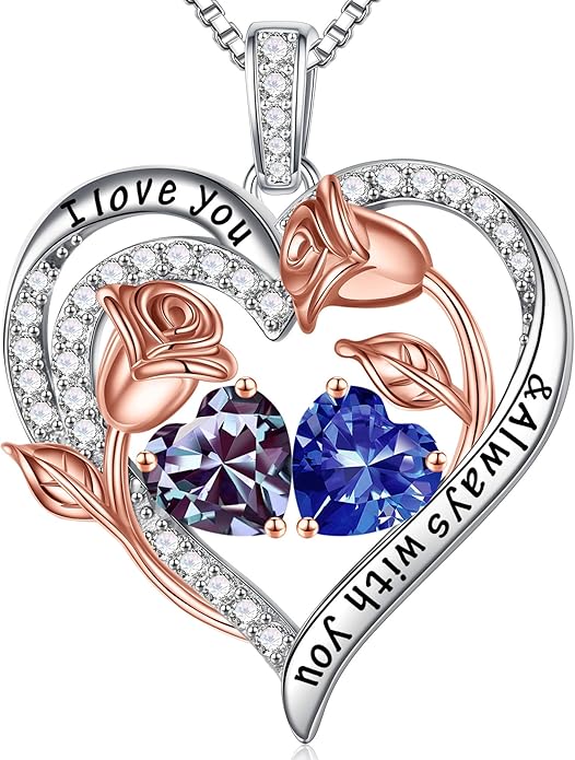 Iefil Birthstone Necklace for Women - 925 Sterling Silver Rose Heart Birthstone Necklace Birthday Anniversary Jewelry Gifts for Her Wife Mom Daughter