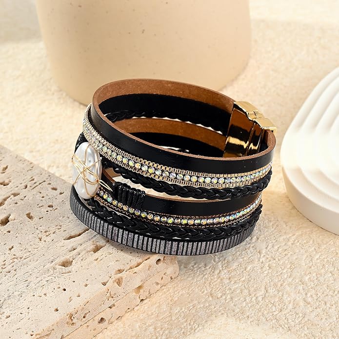 ENGCKSHI Wrapped Bracelets for Women,Leather Bracelet,Boho Bracelets for Women,Multi-Layer Pearl Crystal Bracelet Bangle Jewelry