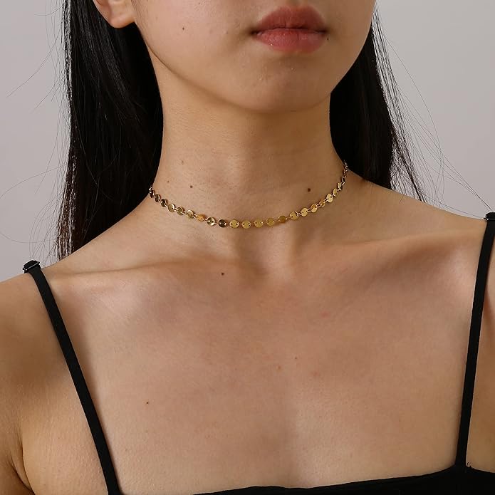 Dainty Chain Necklace for Women, 18K Gold Plated Coin Disc Choker Necklaces Simple Satellite Beaded Twisted Thin Paper Clip Chain Everyday Jewelry Gifts