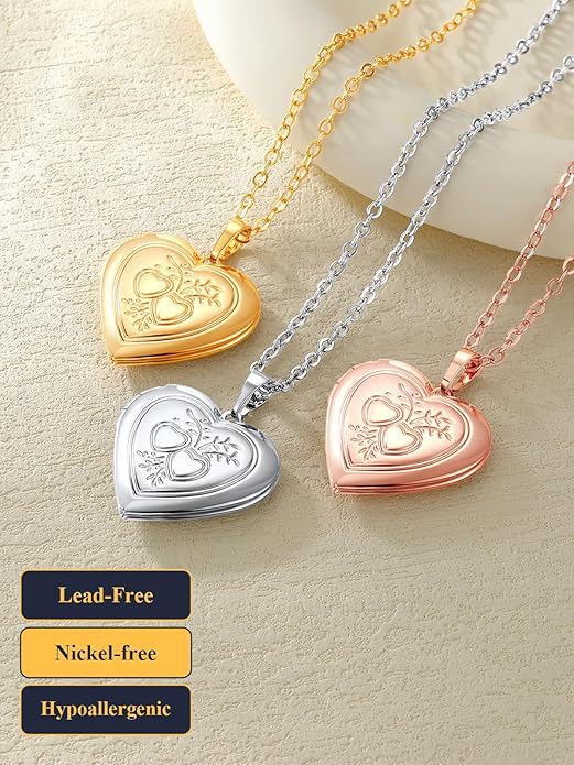 U7 Women Locket Necklace Platinum 14K Gold Photo Lockets that Hold Picture,Chain 20 Inch Personalized Gift Custom Love Heart Image Necklaces