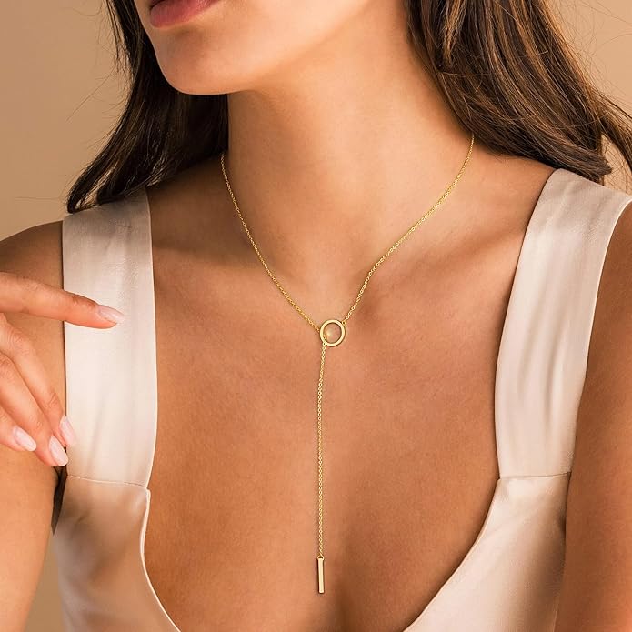 Yoosteel Long Lariat Necklace for Women - Dainty Y-Shaped Necklaces 14K-Gold-Plated Drop Chain Simple Jewelry Trendy Gifts for Women