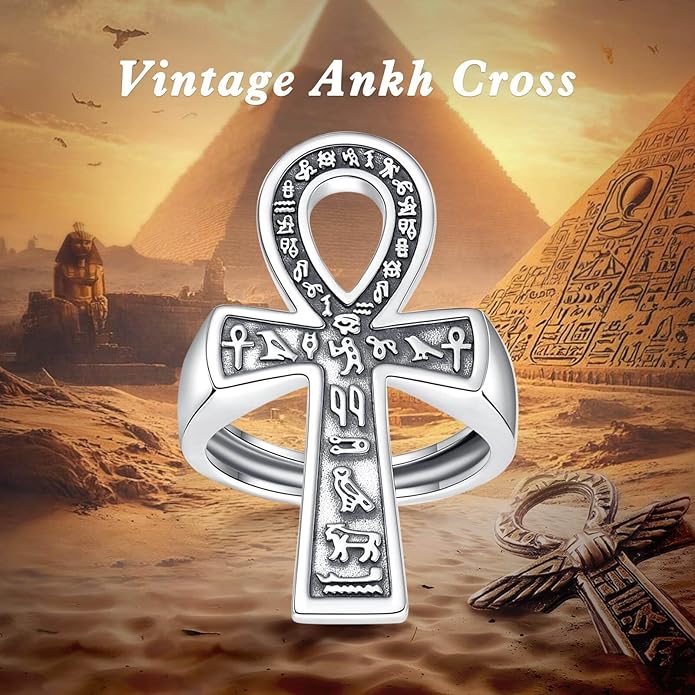 EUDORA S925 Sterling Silver St Benedict Ring San Benito Rings for Women Men, Vintage Ankh Cross Ring Saint Benedict Amulet Adjustable Rings Gifts for Women Mens Father Mother