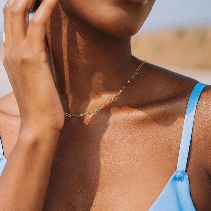 MTMY Beaded Necklaces for Women 14K Gold Plated Dainty Colorful Green/Rose Beaded Pearl Choker Necklace Delicate Boho Choker Necklace Jewelry Gift