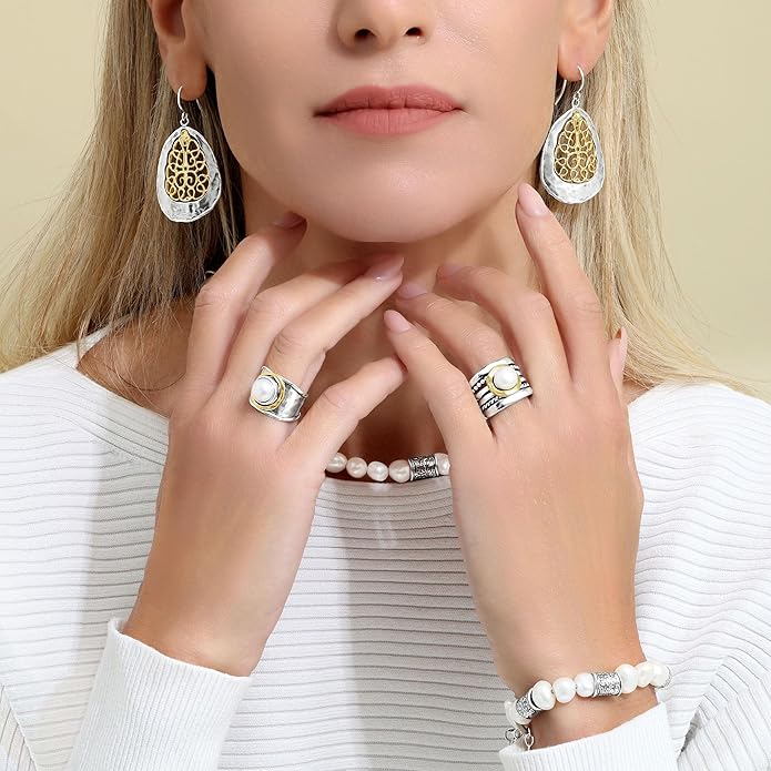 JEAN RACHEL JEWELRY Mixed Metal Two Tone Ring for Women – Pearl Rope Bead – 925 Sterling Silver & 14K Gold Over Silver – Freshwater Pearl Statement Ring – Hypoallergenic Design