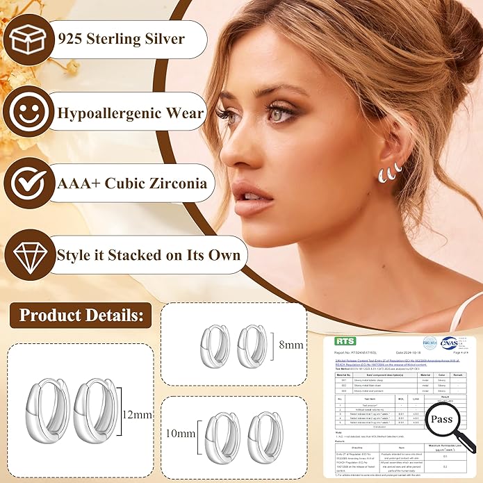DORANA Valentines Day Gift 3 Pairs 925 Sterling Silver Earrings for Women Girls Non Tarnish Small Hypoallergenic Huggie Hoops Cartilage Stack Earring Sets for Multiple Piercing