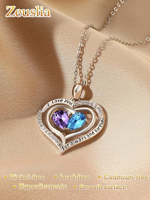 Zeuslia Double Birthstone Necklace Gifts for Wife - 925 Sterling Silver Sunflower/Rose/Crown Cross/Compass/Heart Pendant I Love You Necklace, Anniversary Birthday Gifts for Wife Girlfriend Mom Her