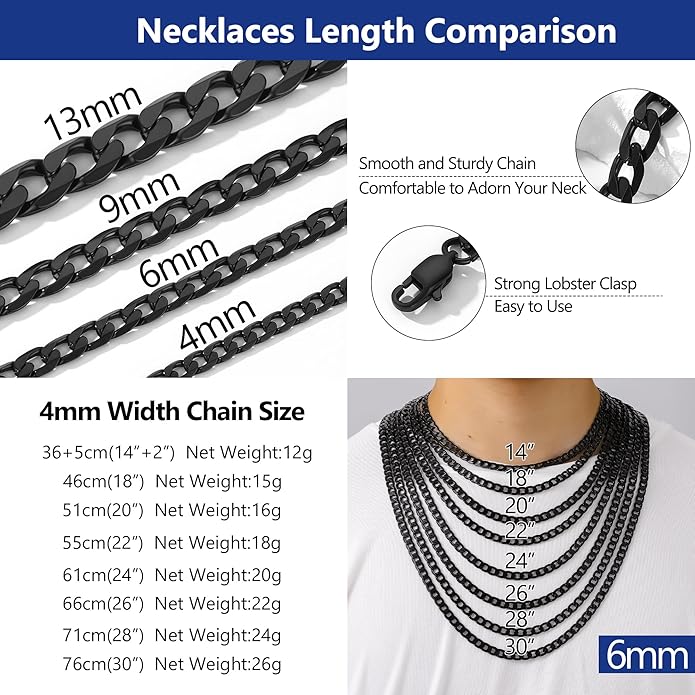 PROSTEEL 316L Stainless Steel Cuban Link Chain Necklaces for Men, Black/18K Gold Plated, Hypoallergenic Jewelry, 4mm-13mm, 14"-30", Come with Box
