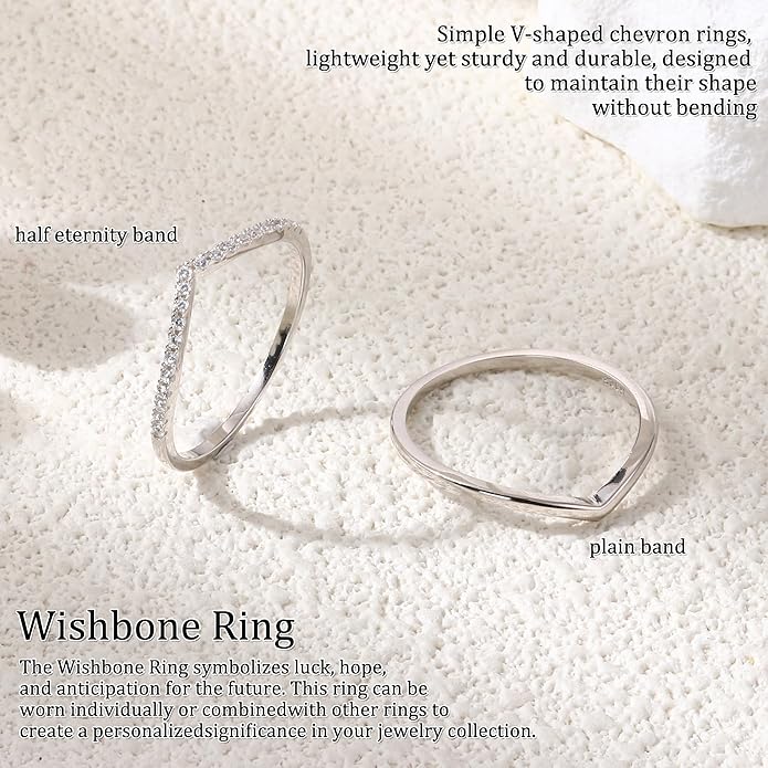 Dochais 2PCS Silver Rings for Women 925 Sterling Silver 14k Gold Plated Wishbone Ring Non Tarnish Wedding Bands Stackable Dainty V Shaped Rings CZ Wedding Rings Promise Ring Engagement 5-10