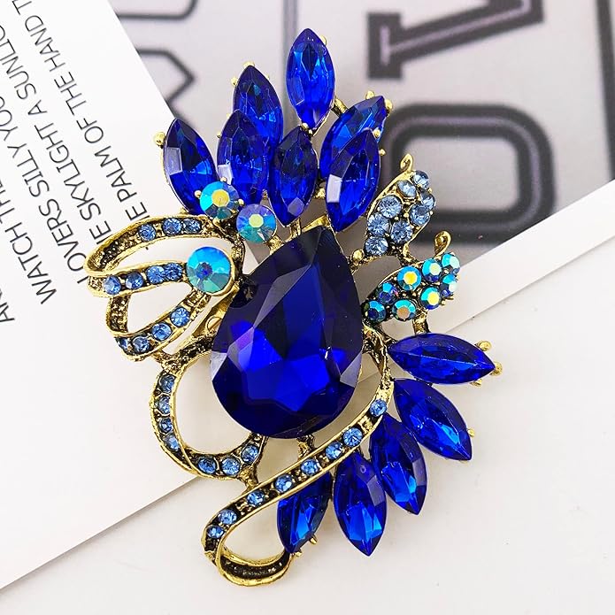 SELOVO Leaf Rhinestone Statement Brooch Pin Dress Jewelry Accessory