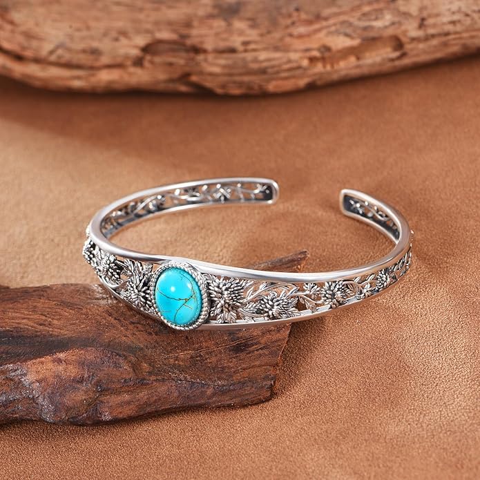 Christmas Jewelry Gift for Women-Genuine Turquoise Cuff Bracelet, Sterling Silver Western Vintage Floral Bangle Native American Jewelry, For 6.5-7.5 Inch Wrists