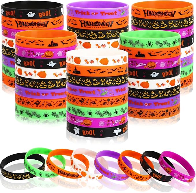 JUNEBRUSHS 64pcs Halloween Party Favors Silicone Bracelets Rubber Wristbands for Halloween Party Trick or Treat Goodie Bag Stuffers Fillers Decorations Accessories Supplies(8 Designs)