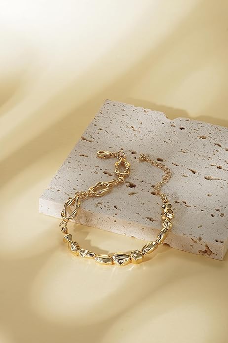 14K Gold Bracelets for Women, Love Knot & Organic Shape Bead Bracelets, Small Wrist Waterproof Gold Plated Toggle Bracelet, Modern Statement Jewelry Gifts for Women Mother Daughter