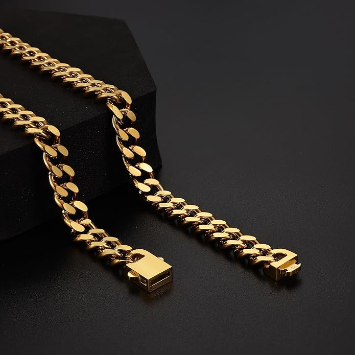 Fiusem Valentines Day Gifts for Him Silver Tone/Black/14K Gold Plated Chain Necklace for Men, 5mm/6mm/7.5mm/8mm/9mm Stainless Steel Cuban Link Chain Necklace, Men's Chains 18-28 Inch Jewelry Gifts