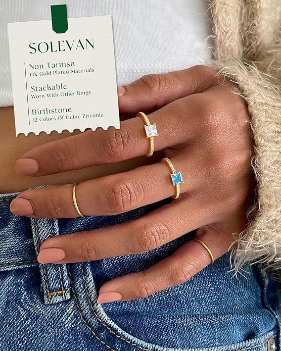 SOLEVAN Birthstone Gold Rings for Women Non Tarnish 14K Gold Plated Stackable Cubic Zirconia Thumb Rings Dainty Cute Emerald Eternity Band Pinky Ring Engagement Wedding Promise Rings Jewelry Gifts