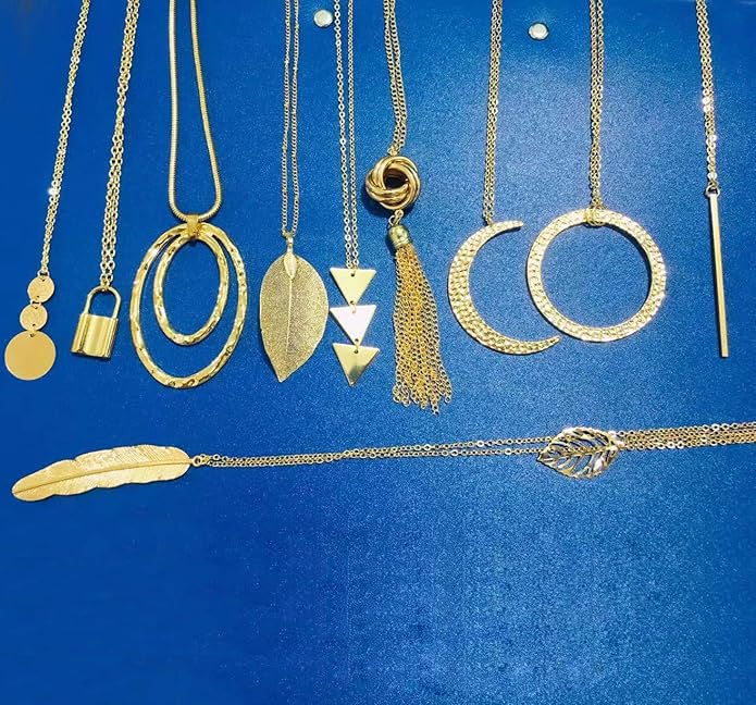 10Pcs Long Pendant Necklace Simple Moon Bar Three Triangle Tassel Lock Sweater Y Shape Punk Chain Choker Necklace for Women Men Gold Silver Plated