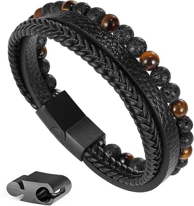 Gifts for Men - Layered Leather Beads Bracelet, Tiger Eye Lava Rock Stone Braided Leather Bracelets for Men Adjustable Magnetic Clasp Birthday Gifts