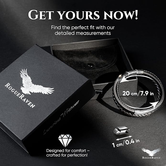 RogueRaven Black Leather Bracelet for Men – Premium Collection – Brown Black Gold Silver | Genuine Leather Mens Bracelet with Stainless Steel Clasp [Adjustable] | In Luxury Gift Box