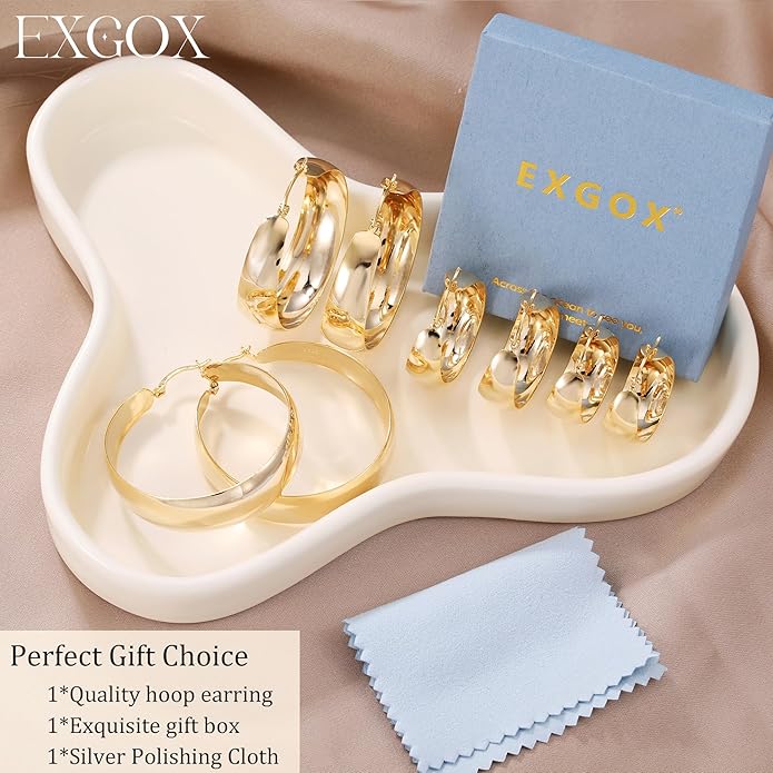EXGOX Gold Hoop Earrings for Women Sterling Silver Post Hoops Earrings for Women Wide Thick Silver Hoop Earrings Hypoallergenic Lightweight 14k Real Gold Plated Hoop Large Earrings (25/30/40/50MM)