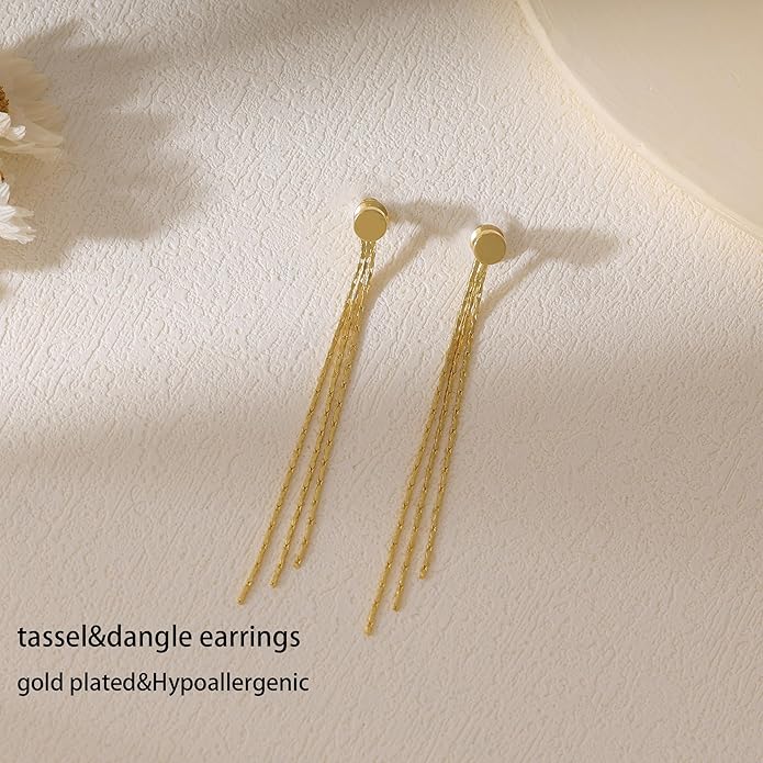Gold Earrings for Women, 14K Gold Plated Tassel Dangle Earrings for Women Trendy Hypoallergenic Long Chain Earring Dainty Pearl Drop Earrings Elegant Wedding Earring Fashion Jewelry for Womens