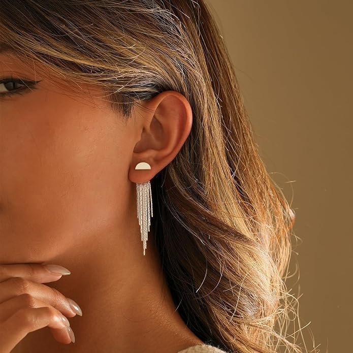 Gold Earrings for Women, 14K Gold Plated Tassel Dangle Earrings for Women Trendy Hypoallergenic Long Chain Earring Dainty Pearl Drop Earrings Elegant Wedding Earring Fashion Jewelry for Womens