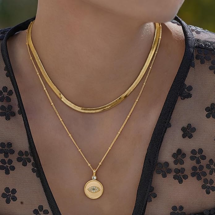 BENEIGE Gold Necklace for Women 14K Gold Plated Evil Eye Necklace Trendy Gold Pendant Necklace Jewelry For Women