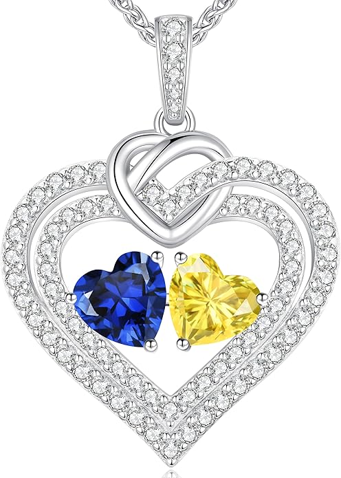 LOUISA SECRET Sparkling Double Heart Birthstone Necklaces for Women, 925 Sterling Silver Fine Jewelry, Pendant Heart Necklaces Birthday Anniversary Christmas Gift for Women Wife Mom Girlfriend Lady