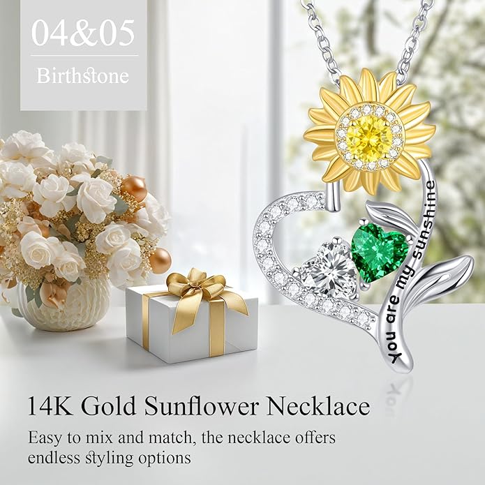 PERJI Valentine's Day Gifts for Women - 925 Sterling Silver Double Birthstone Sunflower Necklace, Anniversary Birthday Jewelry You are My Sunshine Gifts for Wife Couple Girlfriend 18"+2" Non Tarnish